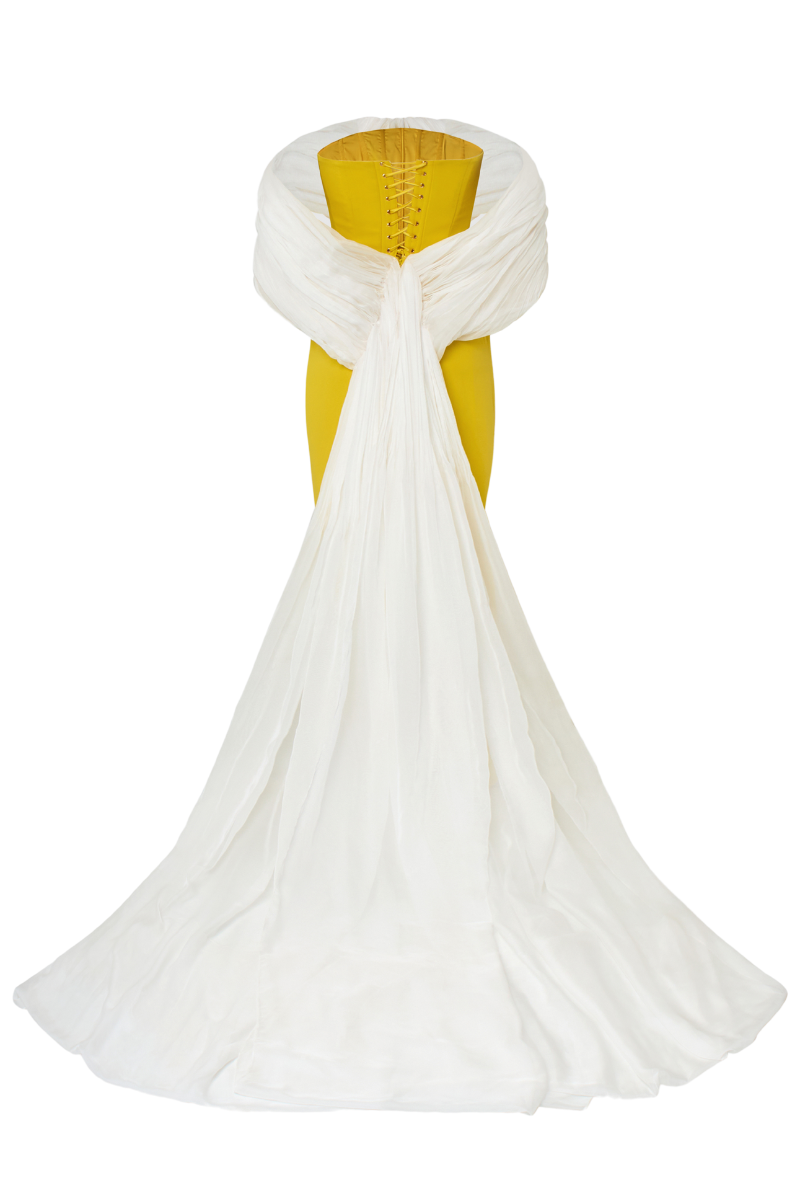 YELLOW AND WHITE TRAIN OFF-SHOULDER GOWN - CULT MIA