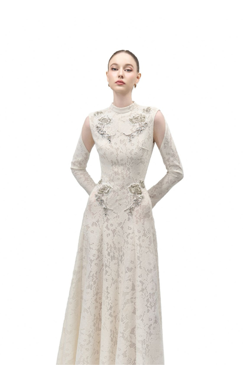 CELESTINE A-LINE COLD SHOULDER SLEEVED LACE FLOOR LENGTH DRESS - CULT MIA