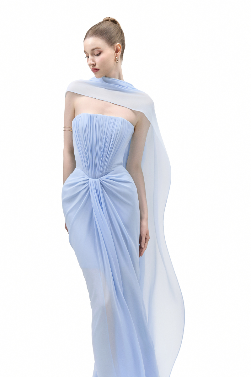 BLUE MARIVELLE SHEATH SCARF NECK CHIFFON FLOOR LENGTH DRESS - CULT MIA