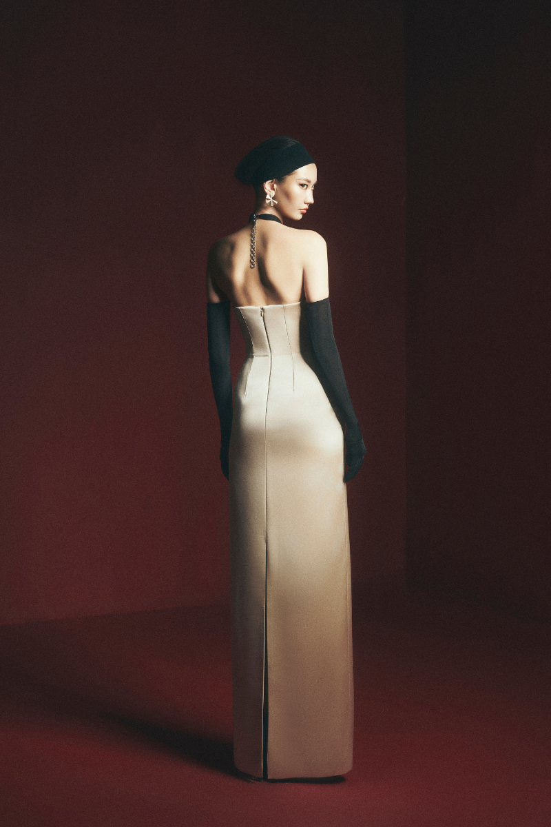 BAUTISTA SHEATH CRISS CROSS NECK SATIN FLOOR LENGTH DRESS - CULT MIA