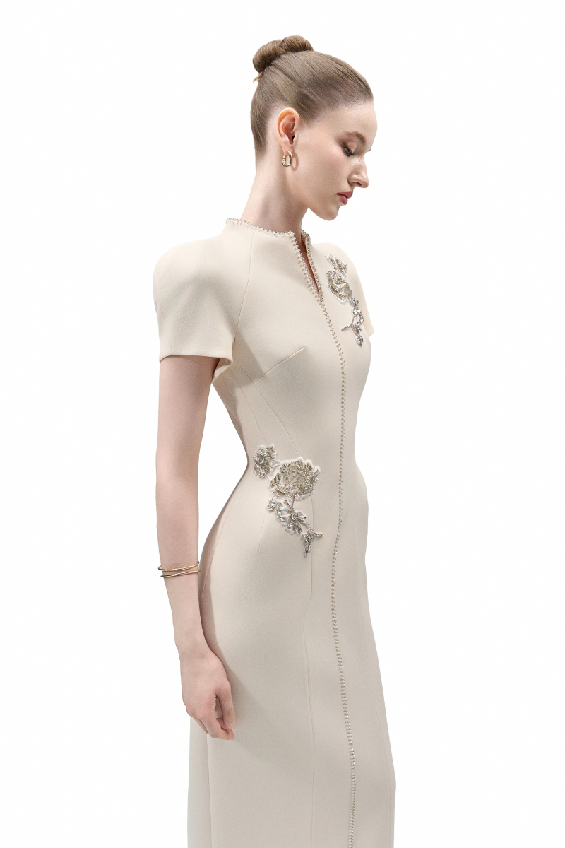 EIRLYS SHEATH PUFFY SLEEVED CREPE FLOOR LENGTH DRESS - CULT MIA