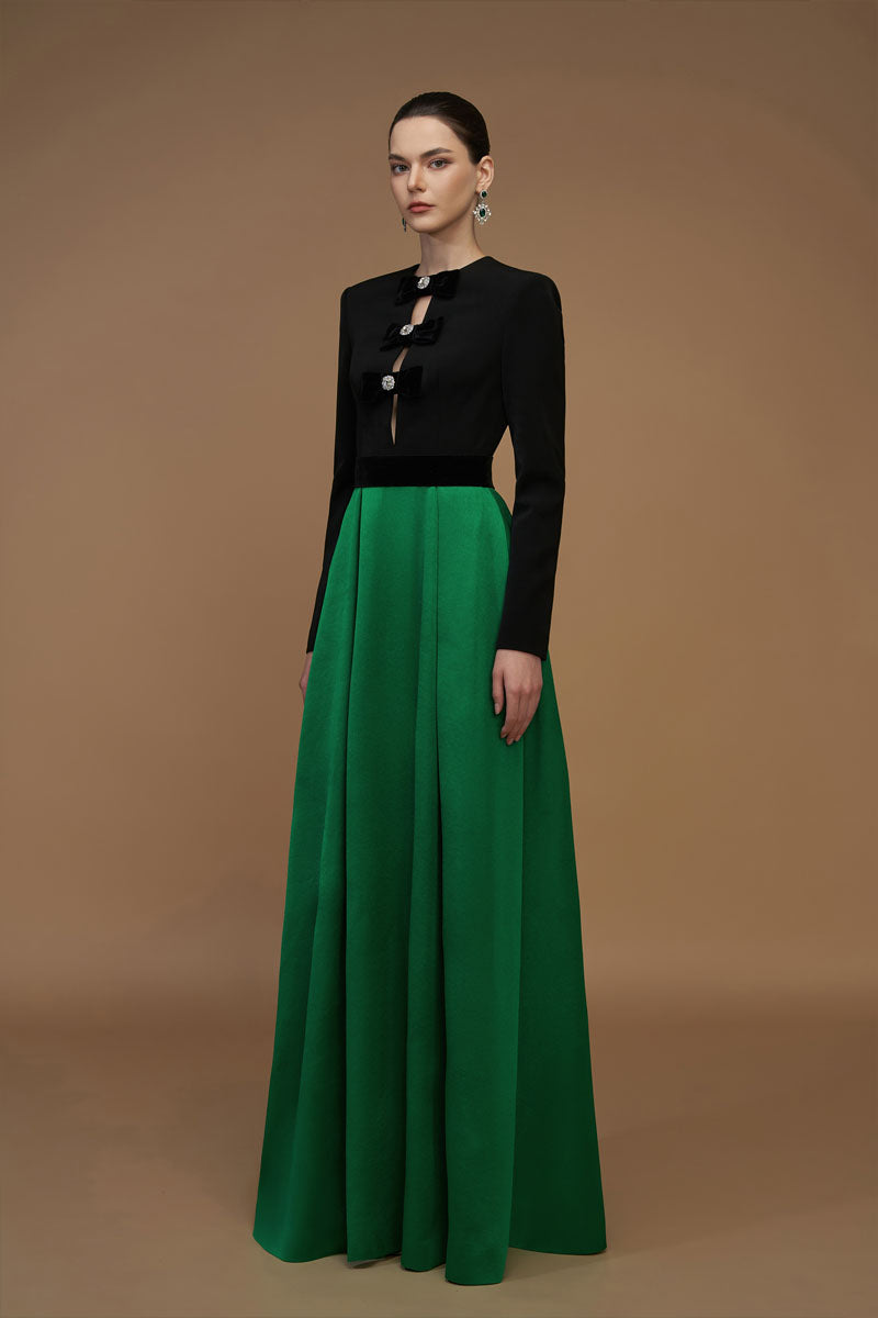 CREPE AND SILK TAFFETA A-LINE EMERALD GOWN - CULT MIA