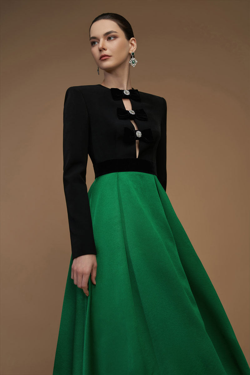 CREPE AND SILK TAFFETA A-LINE EMERALD GOWN - CULT MIA