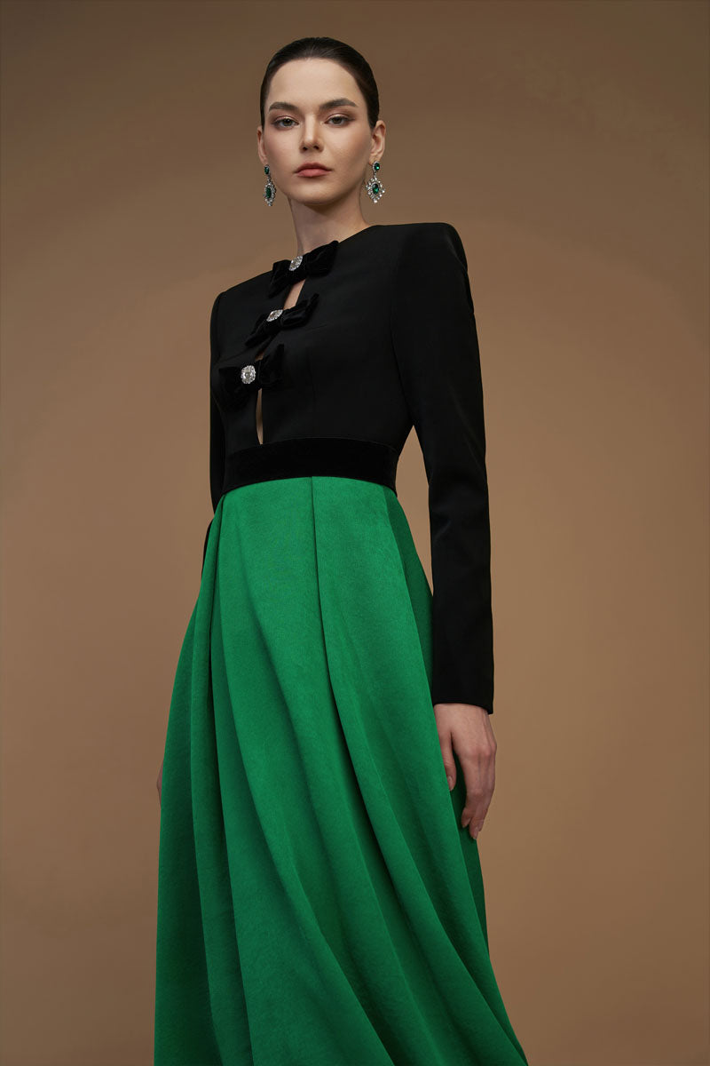 CREPE AND SILK TAFFETA A-LINE EMERALD GOWN - CULT MIA