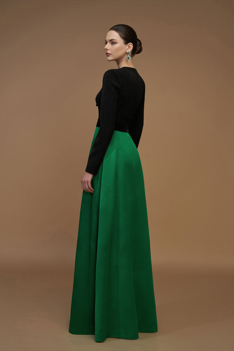 CREPE AND SILK TAFFETA A-LINE EMERALD GOWN - CULT MIA