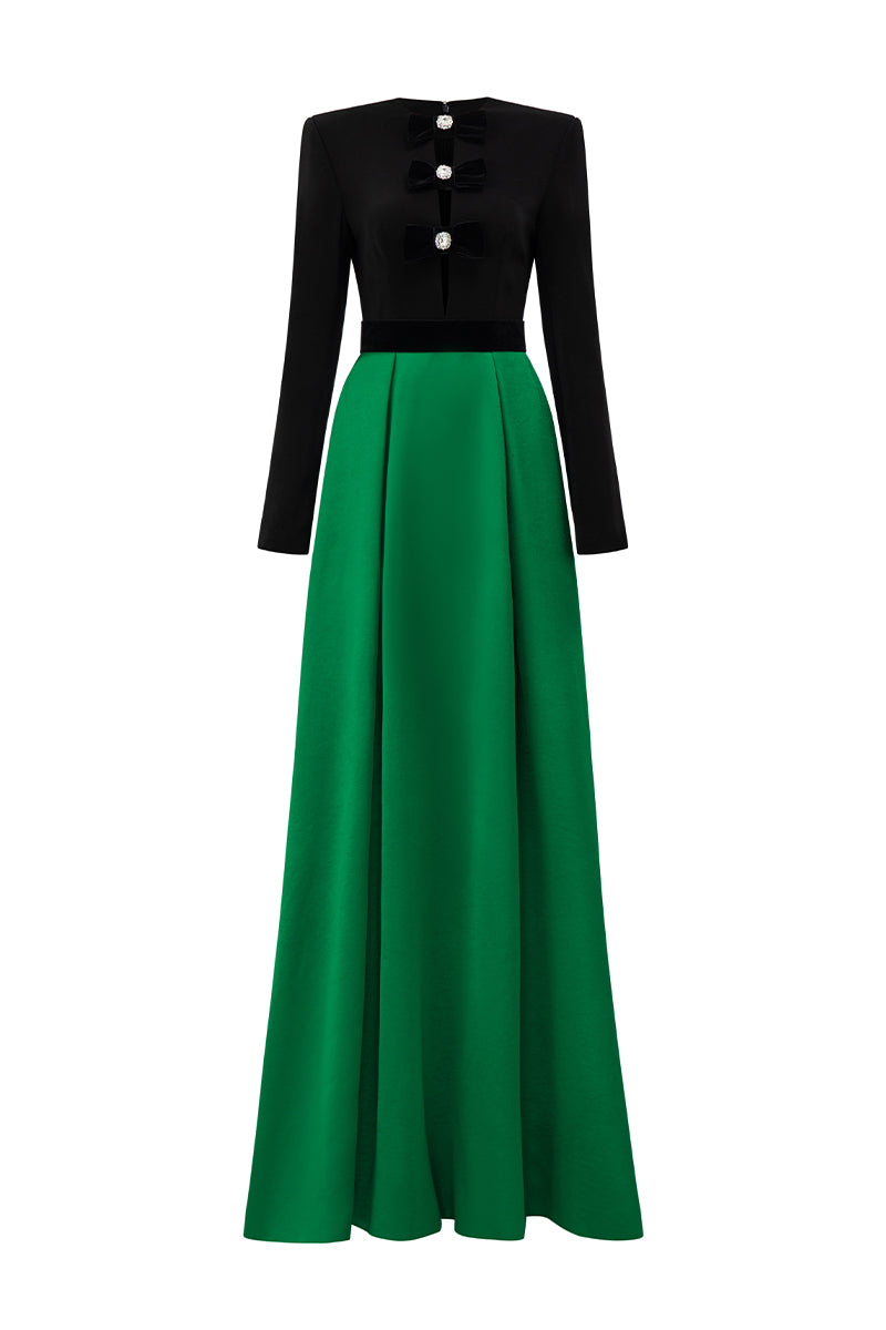CREPE AND SILK TAFFETA A-LINE EMERALD GOWN | CULT MIA | I.H.F CREPE AND SILK TAFFETA A-LINE EMERALD GOWN | CULT MIA | I.H.F