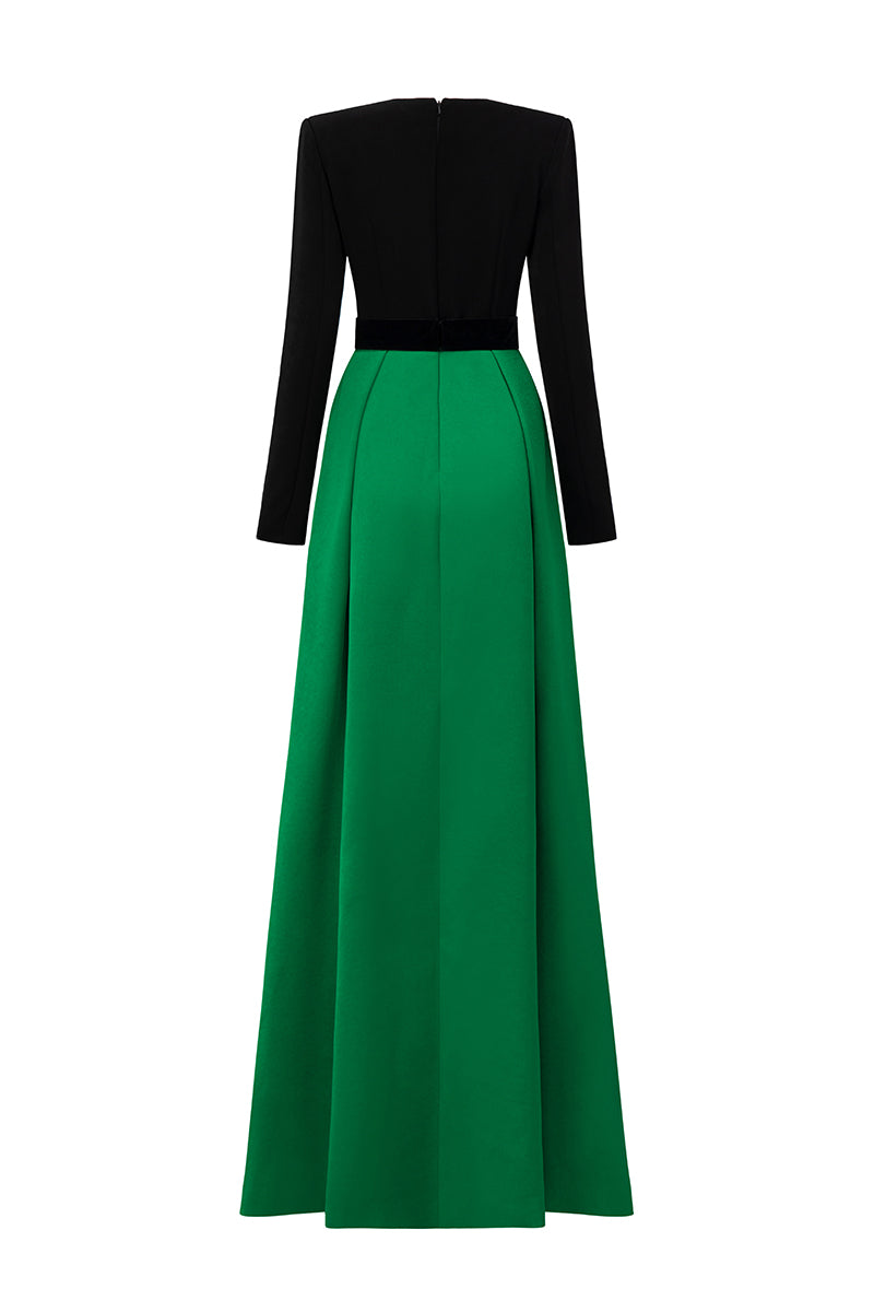 CREPE AND SILK TAFFETA A-LINE EMERALD GOWN - CULT MIA