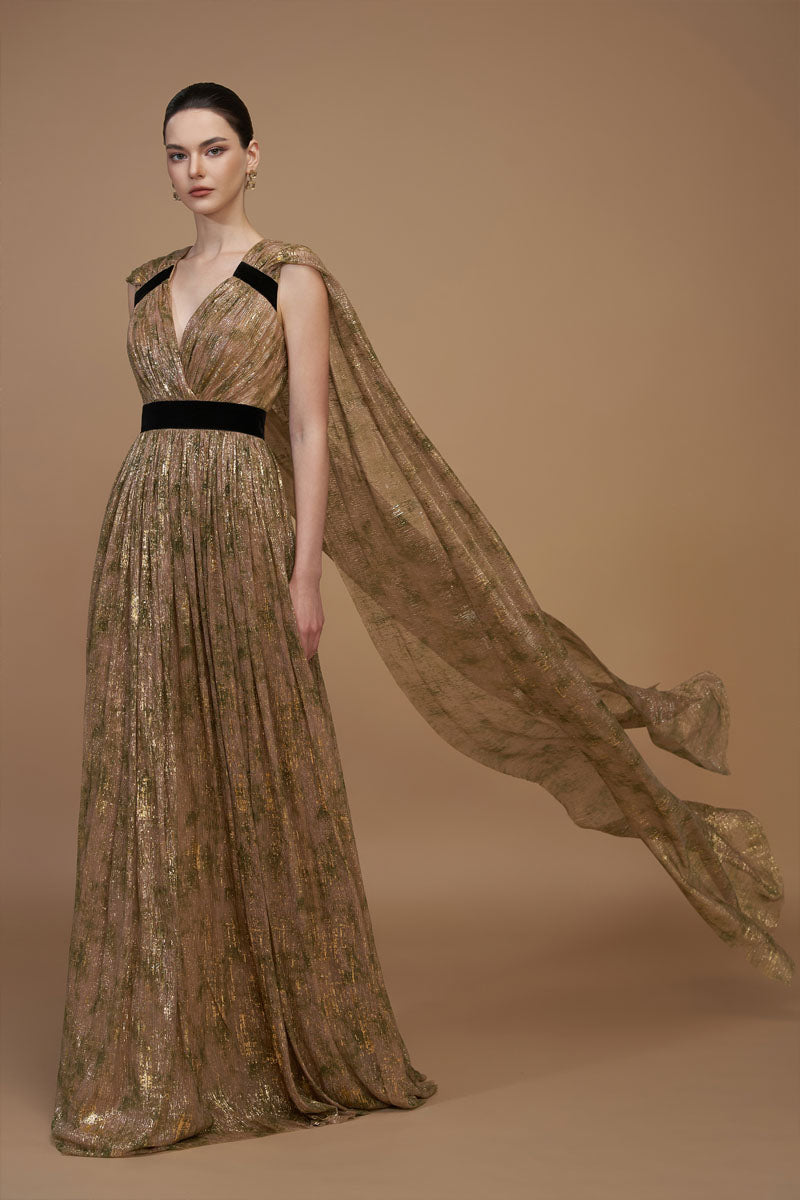 TIE-DYE METALLIC CHIFFON V-NECK GOWN - CULT MIA