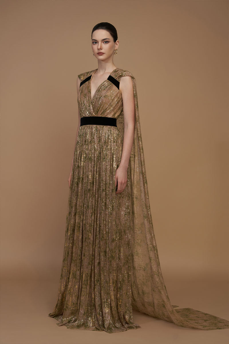 TIE-DYE METALLIC CHIFFON V-NECK GOWN - CULT MIA