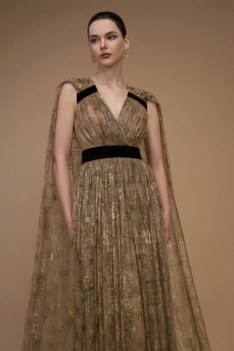TIE-DYE METALLIC CHIFFON V-NECK GOWN - CULT MIA