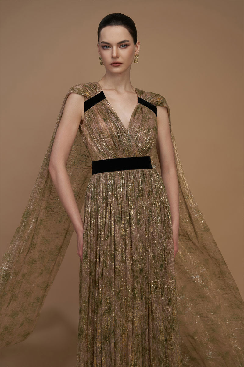 TIE-DYE METALLIC CHIFFON V-NECK GOWN - CULT MIA
