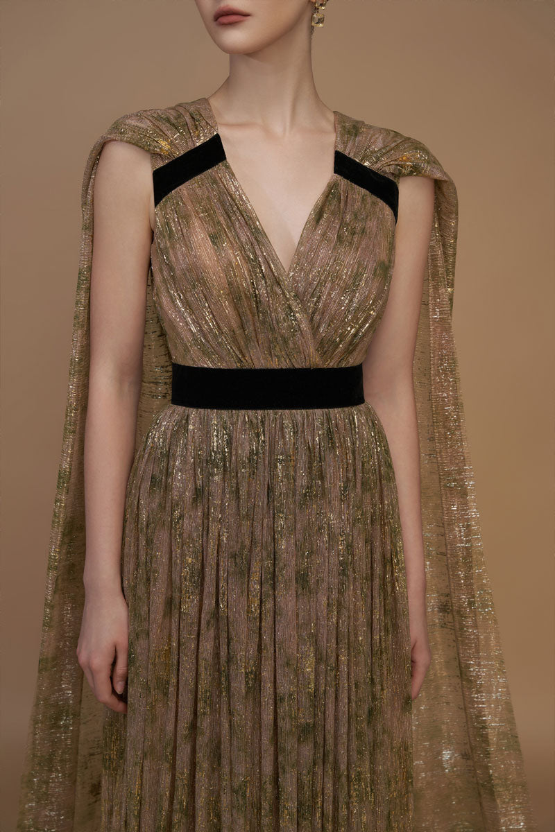 TIE-DYE METALLIC CHIFFON V-NECK GOWN - CULT MIA