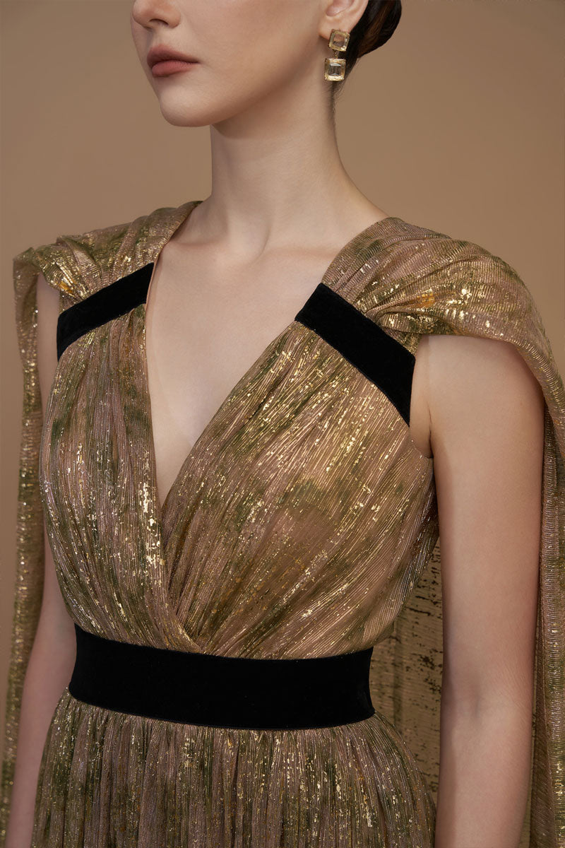 TIE-DYE METALLIC CHIFFON V-NECK GOWN - CULT MIA