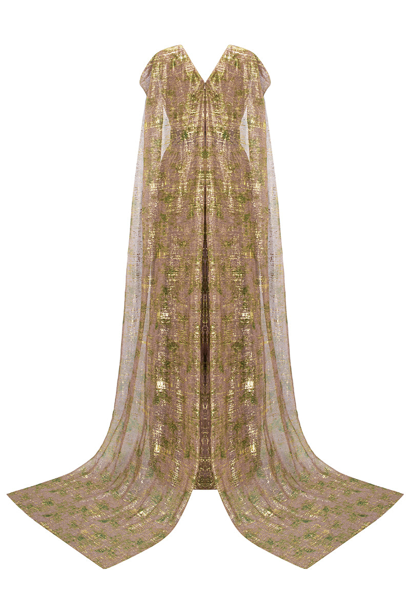 TIE-DYE METALLIC CHIFFON V-NECK GOWN - CULT MIA