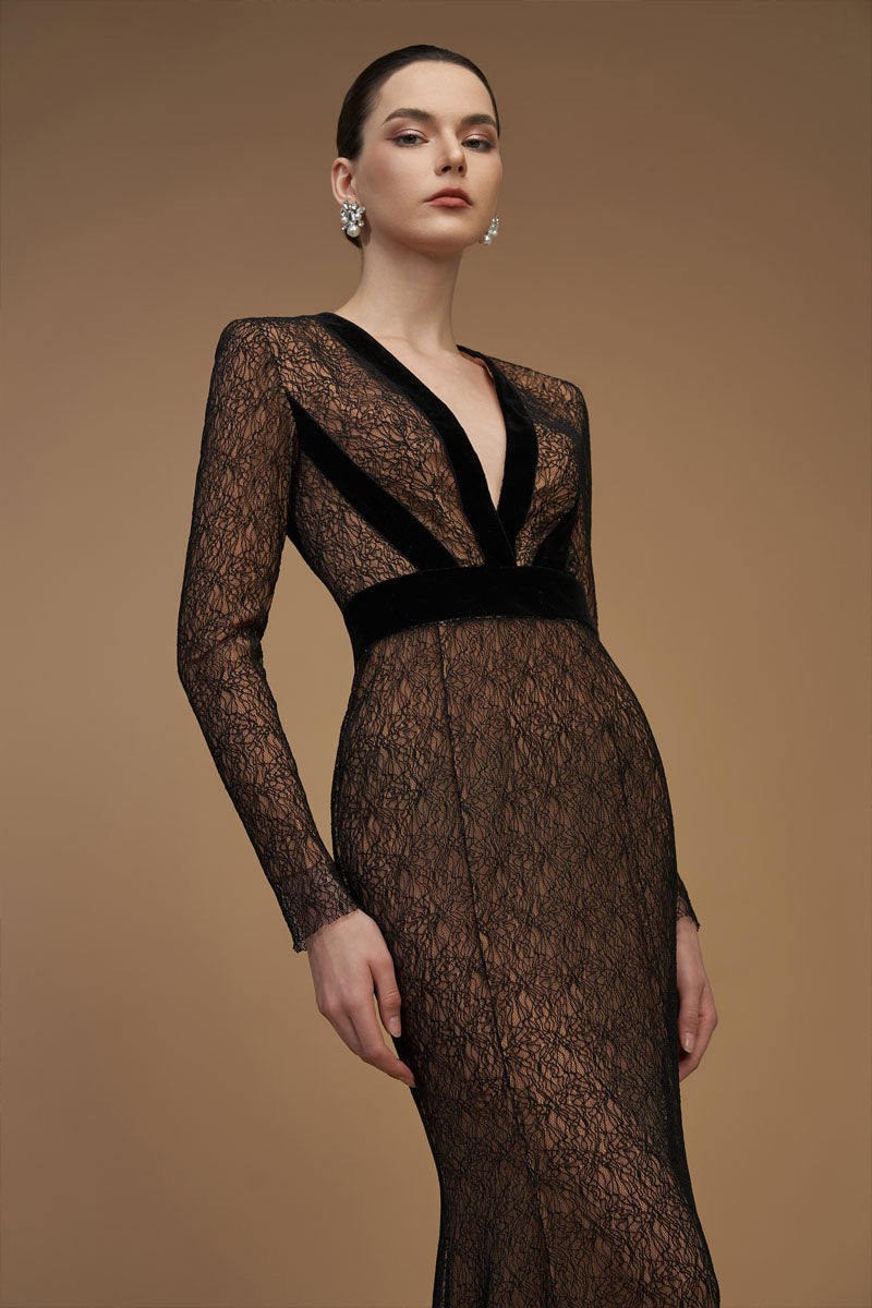 VINE GUIPURE LACE AND LYON VELVET PLUNGE GOWN - CULT MIA