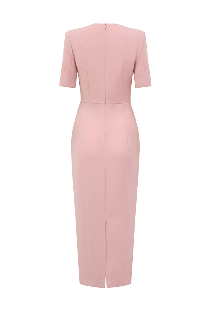 V-NECK KNEE LENGTH DRESS IN LIGHT PINK - CULT MIA