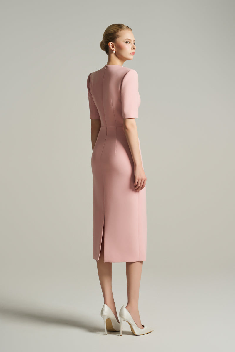 V-NECK KNEE LENGTH DRESS IN LIGHT PINK - CULT MIA