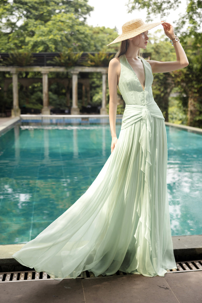 DOROTHEA MINT SILK PLEATED DRESS - CULT MIA
