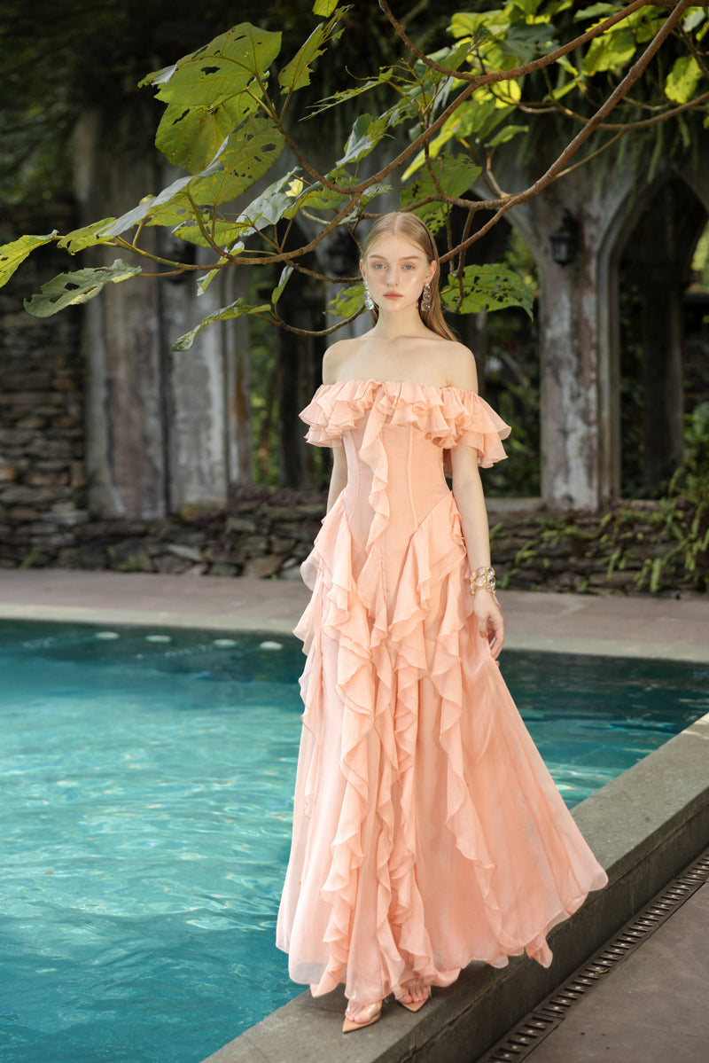 ELISABETH PEACH FUZZ SILK RUFFLES DRESS - CULT MIA