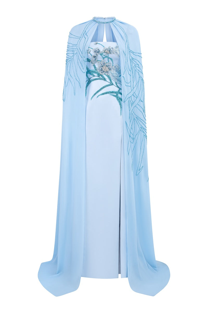 CHIFFON MAXI DRESS WITH CAPE IN BLUE | CULT MIA