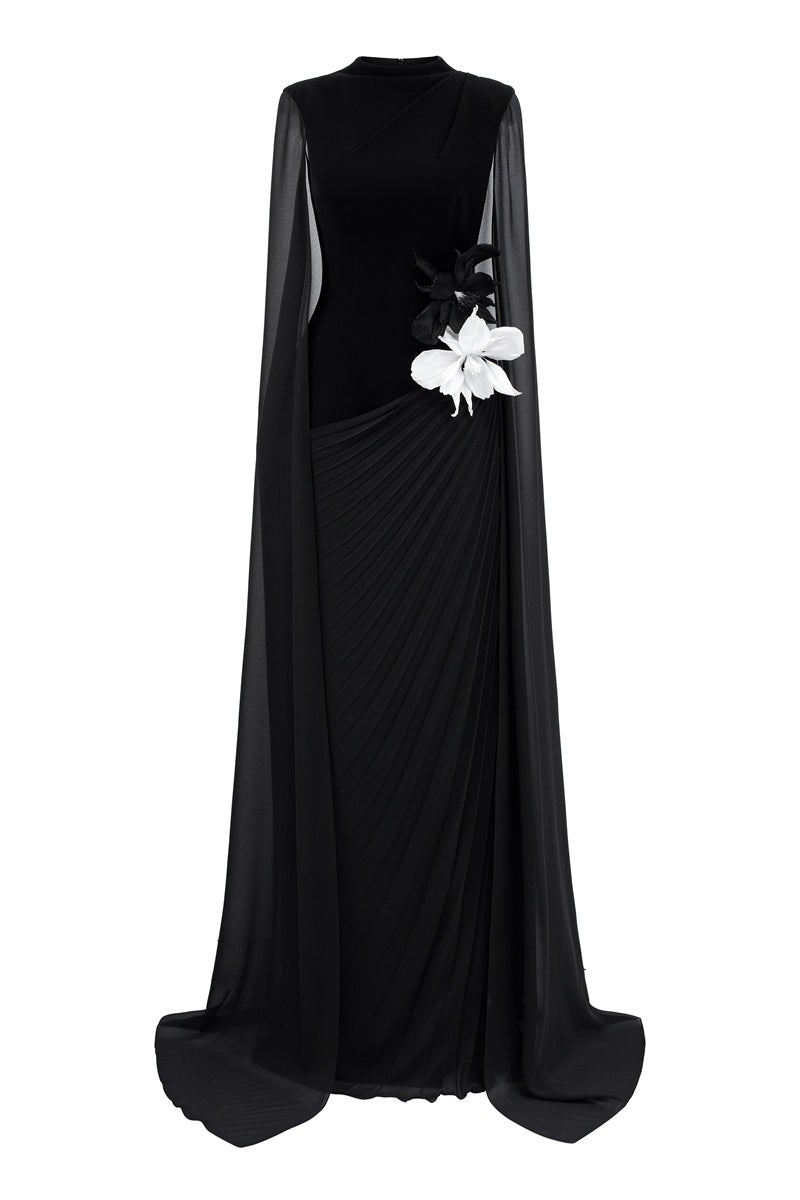 CHIFFON LONG SLEEVE GOWN IN BLACK