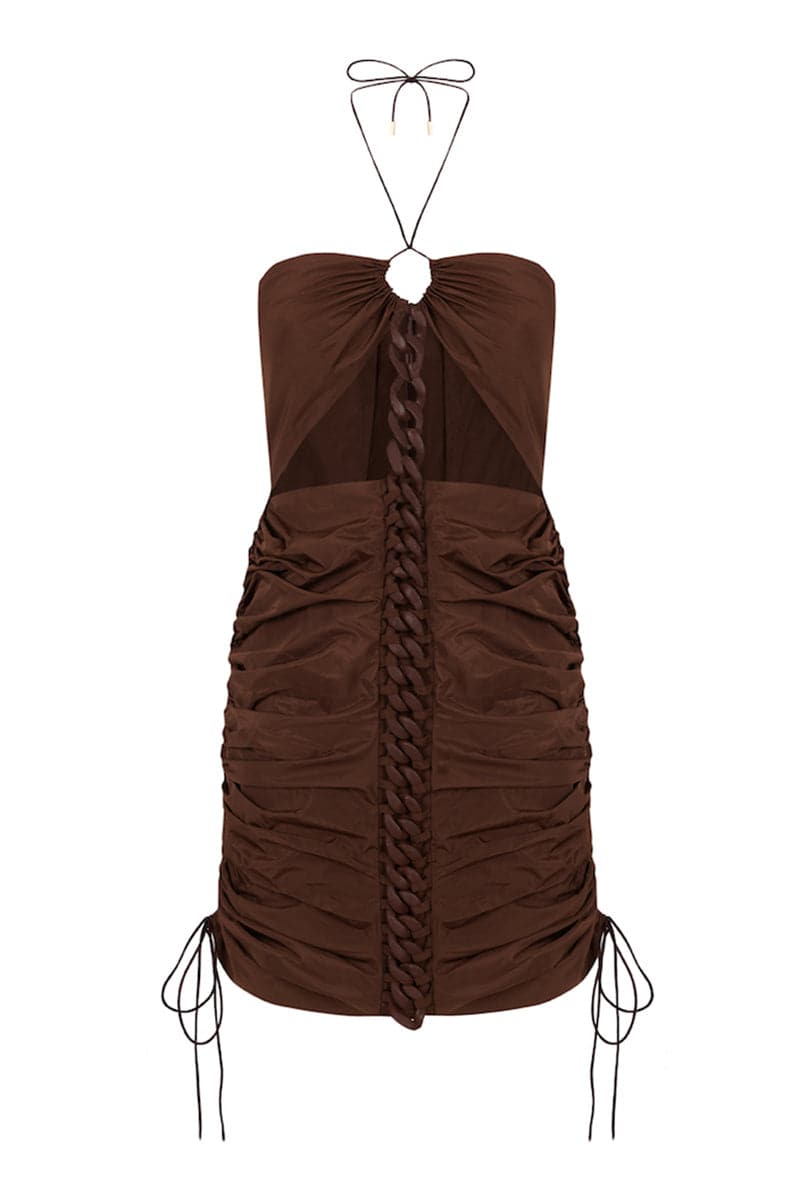 BROWN CHAIN GATHERED MINI DRESS - CULT MIA
