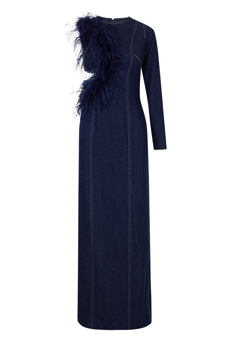 NAVY BLUE DENIM CUT-OUT LONG DRESS - CULT MIA
