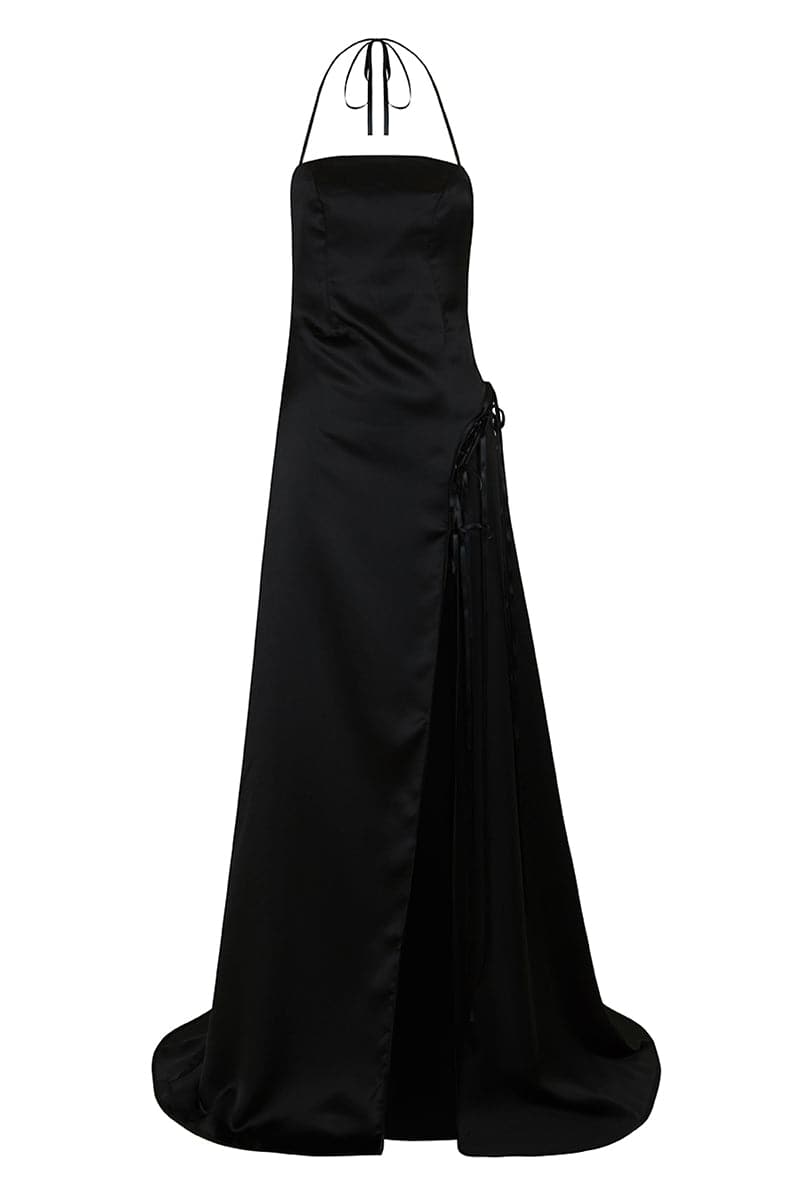 black satin drape dress Women's Black Satin Plunge Drape Maxi Dress