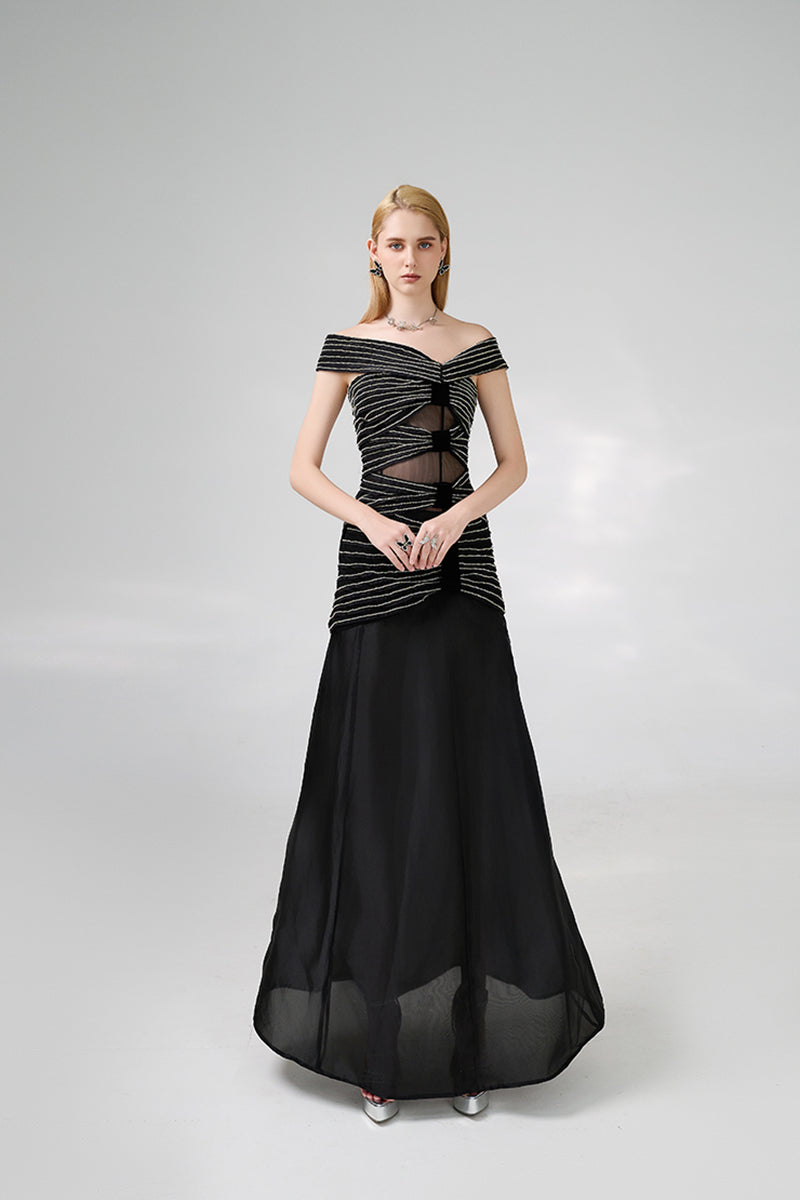 BLACK OFF-SHOULDER FLOOR LENGTH GOWN - CULT MIA