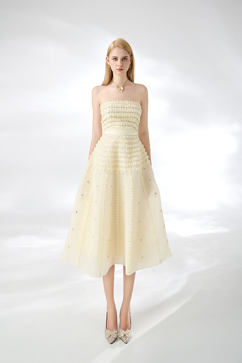 BEIGE STRAPLESS STONE ORGANZA BEIGE MIDI DRESS - CULT MIA