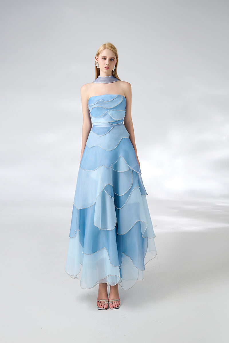BLUE LAYERED MIDI DRESS WITH SCARF - CULT MIA