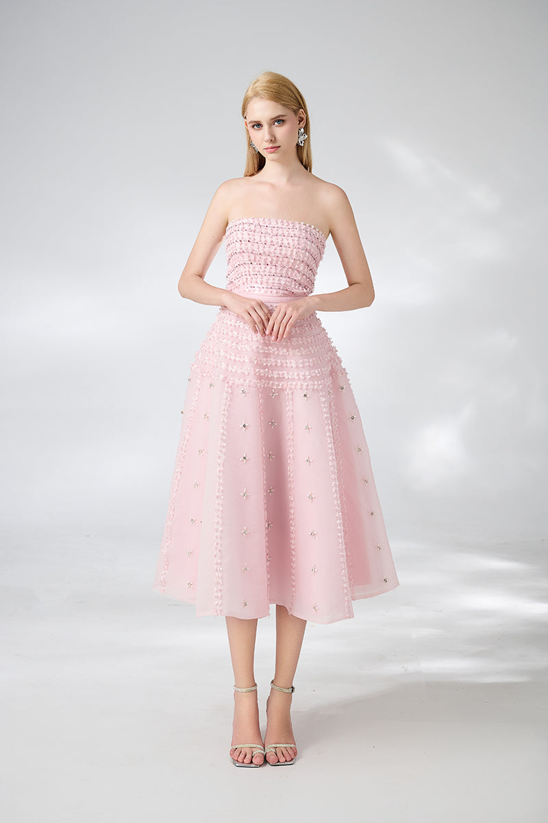 PINK STRAPLESS STONE ORGANZA PINK MIDI DRESS - CULT MIA
