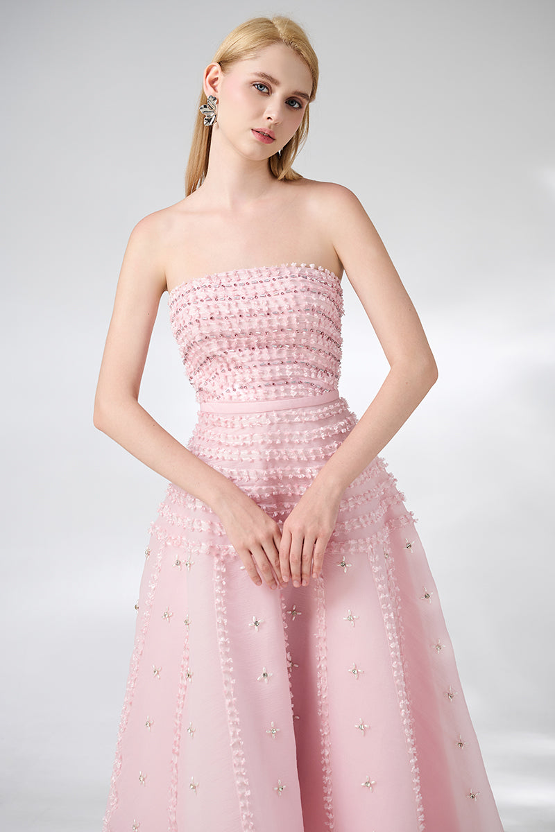 PINK STRAPLESS STONE ORGANZA PINK MIDI DRESS - CULT MIA