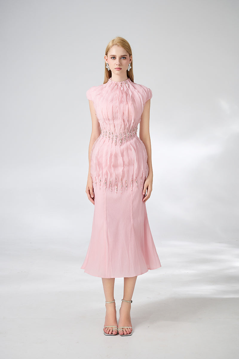 PINK MERMAID CAP SLEEVED SILK ORGANZA MIDI DRESS - CULT MIA