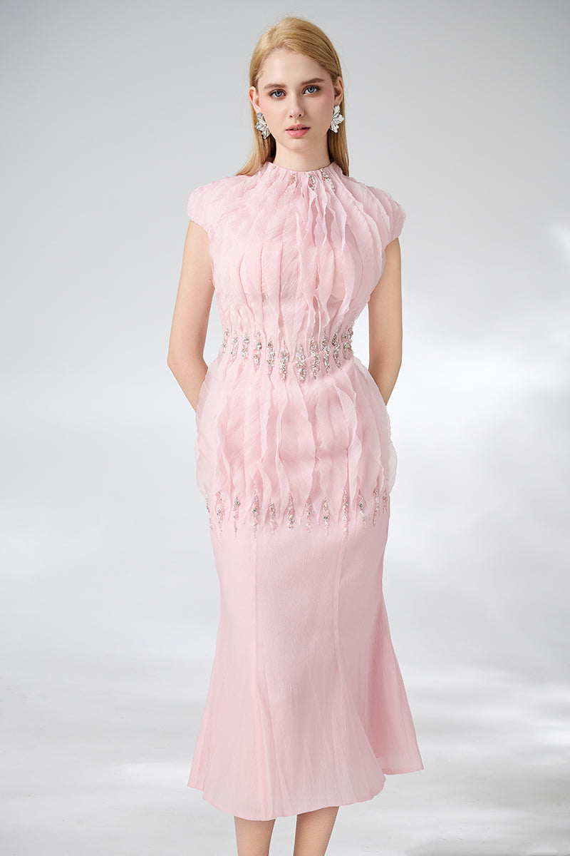 PINK MERMAID CAP SLEEVED SILK ORGANZA MIDI DRESS - CULT MIA