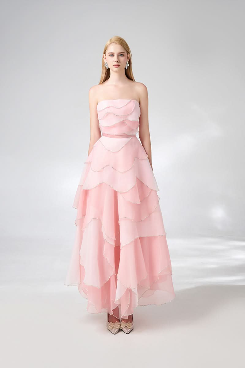 STRAPLESS PINK LAYERED MIDI DRESS - CULT MIA