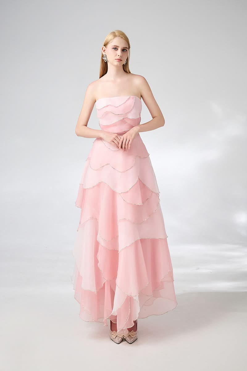 STRAPLESS PINK LAYERED MIDI DRESS - CULT MIA