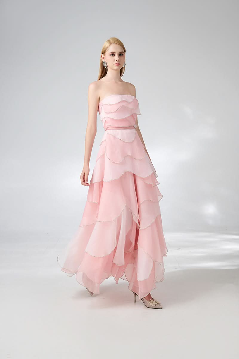STRAPLESS PINK LAYERED MIDI DRESS - CULT MIA