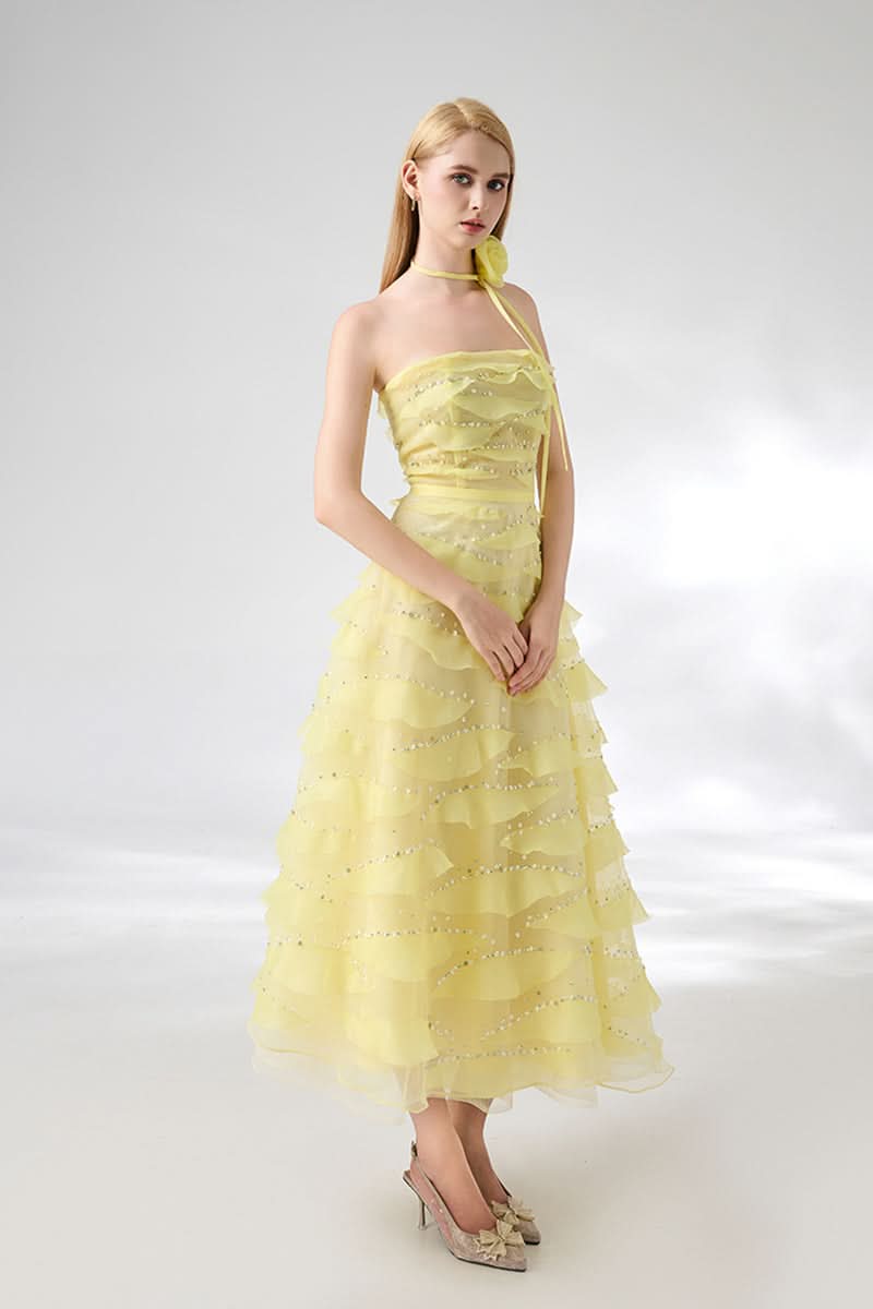 STRAPLESS LIGHT YELLOW MIDI DRESS WITH FLOWER NECKLACE - CULT MIA