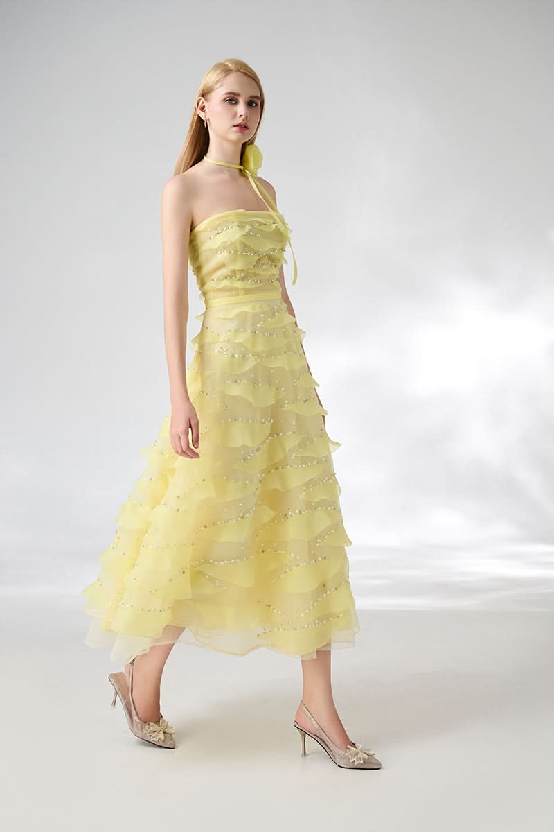 STRAPLESS LIGHT YELLOW MIDI DRESS WITH FLOWER NECKLACE - CULT MIA