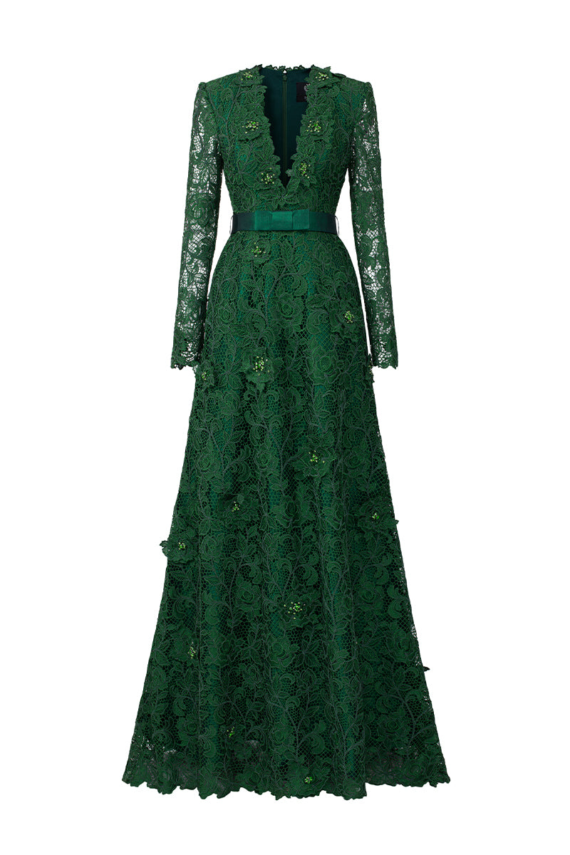 JESSICA GUIPURE LACE AND SILK GOWN IN GREEN | CULT MIA | I.H.F JESSICA GUIPURE LACE AND SILK GOWN IN GREEN | CULT MIA | I.H.F