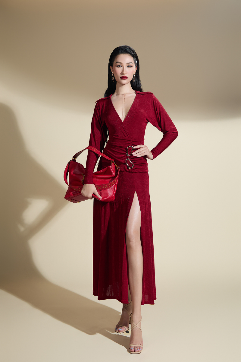 AYLEEN SLIT V WRAPAROUND NECK JERSEY MIDI DRESS - CULT MIA