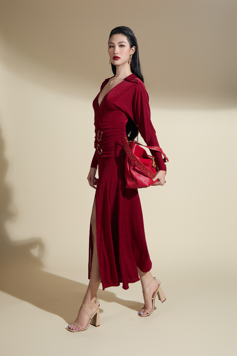 AYLEEN SLIT V WRAPAROUND NECK JERSEY MIDI DRESS - CULT MIA