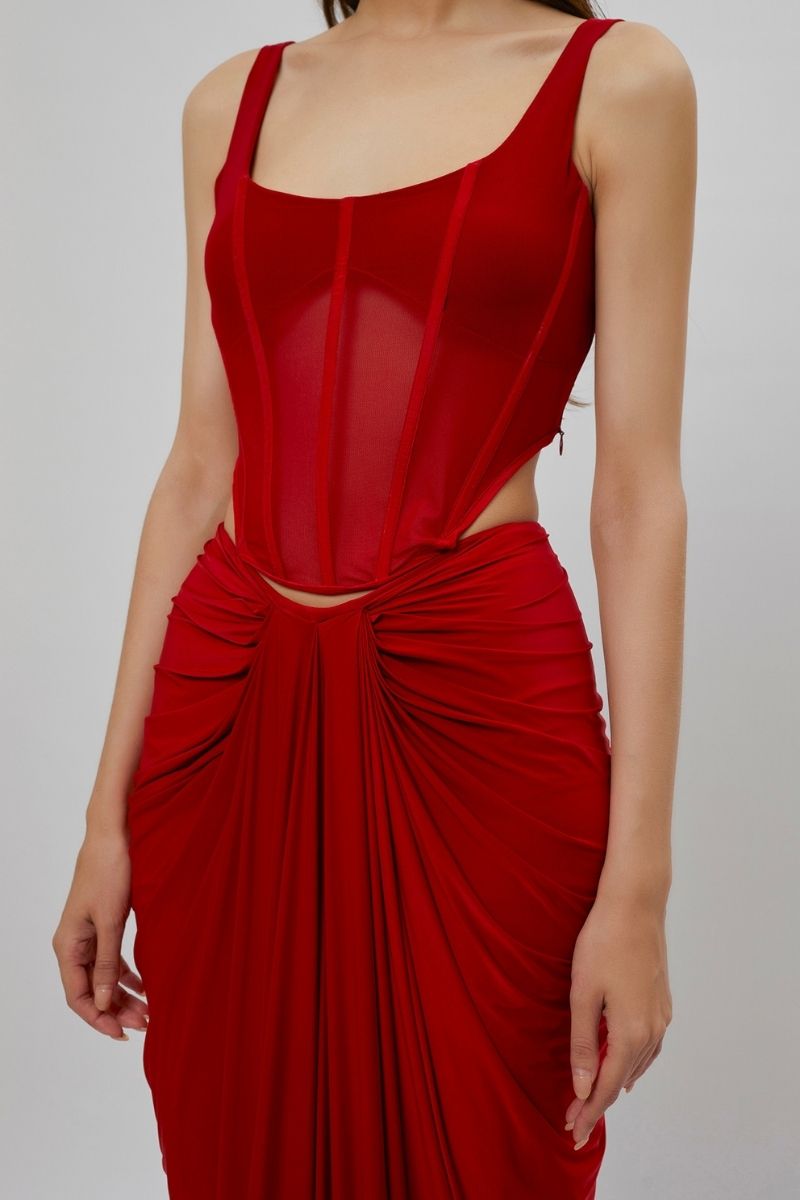 VALENTINA RED CORSET MAXI DRESS - CULT MIA