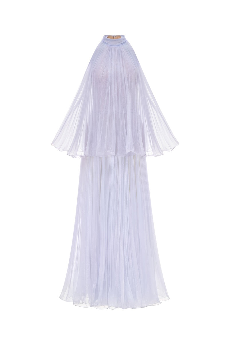 purple pleated midi dress Lilac Coast Crepe Bodice Long Sleeve Pleated Midi Dress