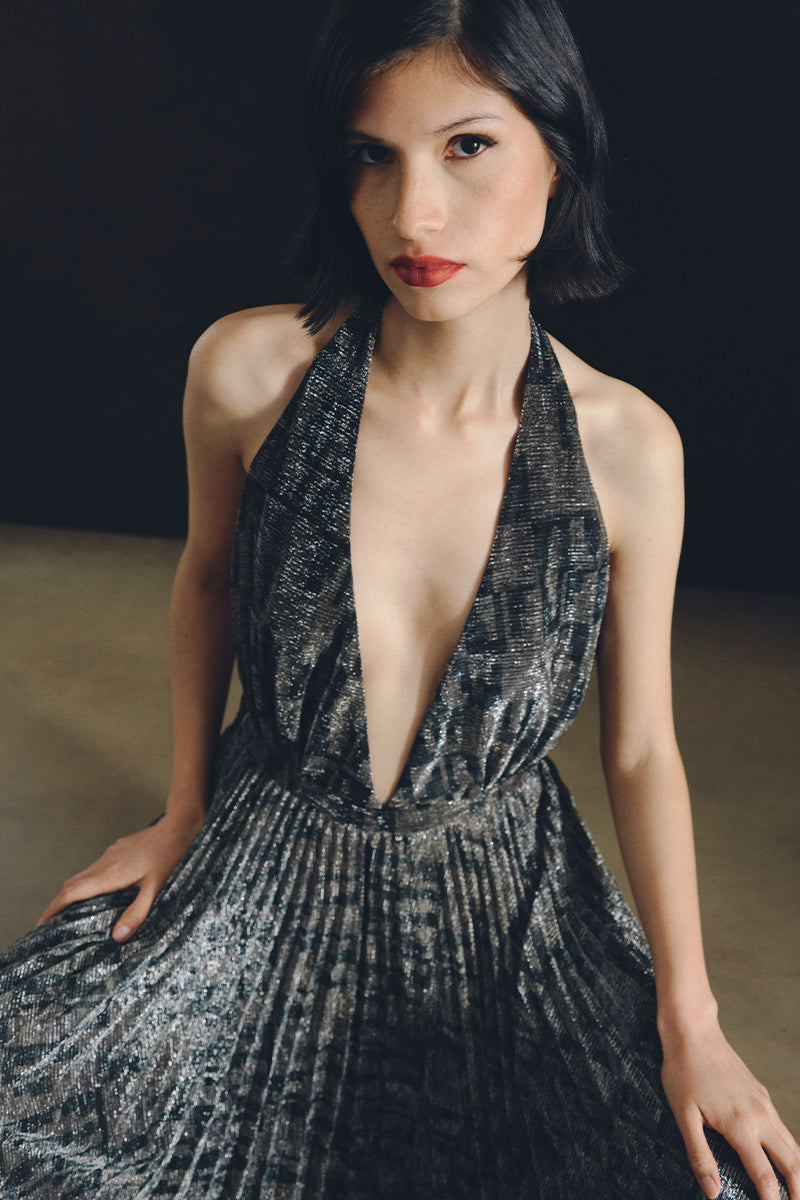 WATERFALL DRESS IN METALLIC GOLD - CULT MIA