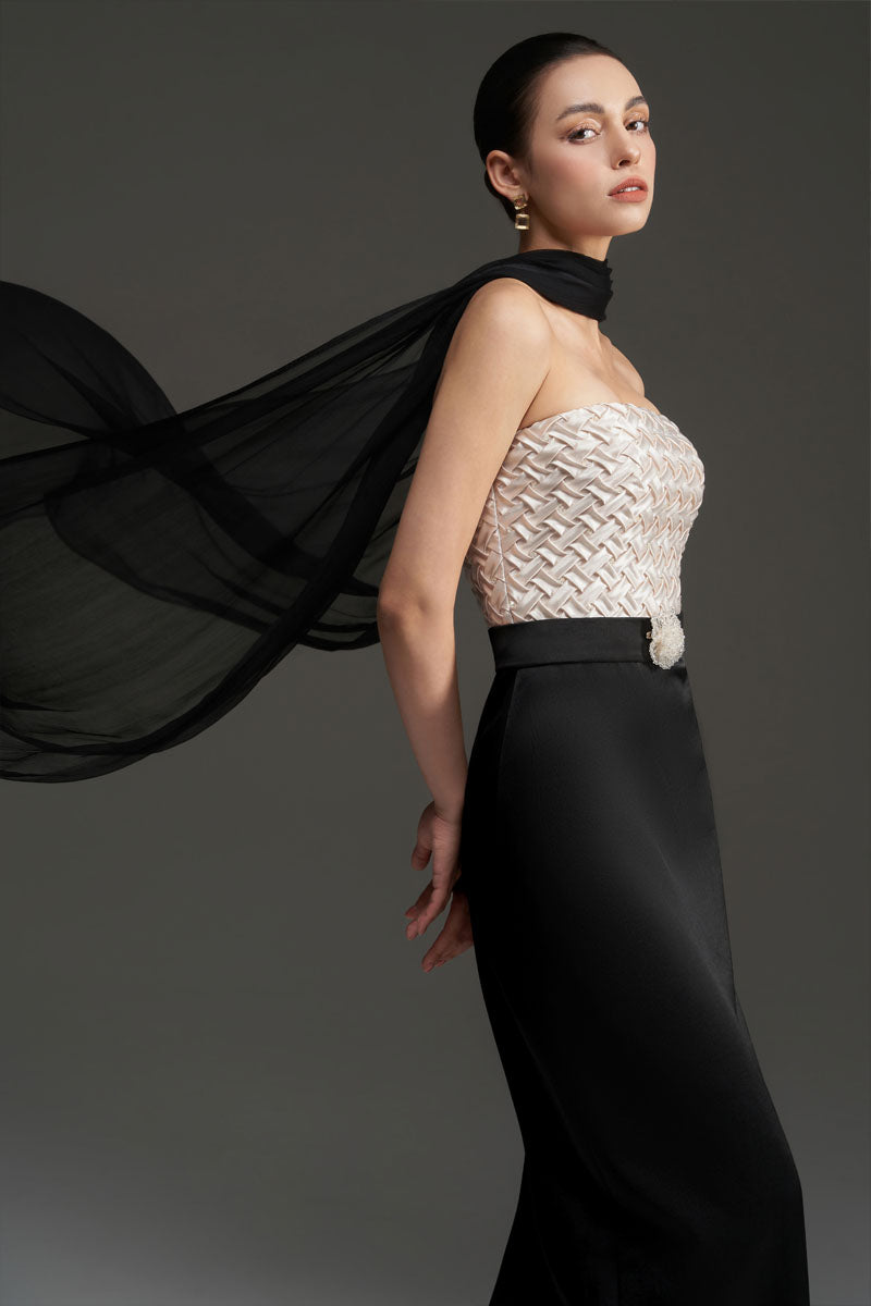 SMOCKING SILK AND SILK TAFFETA DRESS IN BLACK AND IVORY - CULT MIA