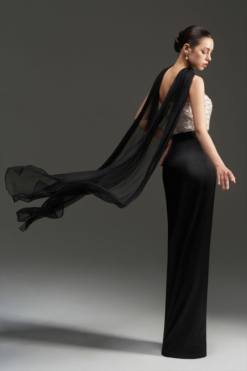 SMOCKING SILK AND SILK TAFFETA DRESS IN BLACK AND IVORY - CULT MIA