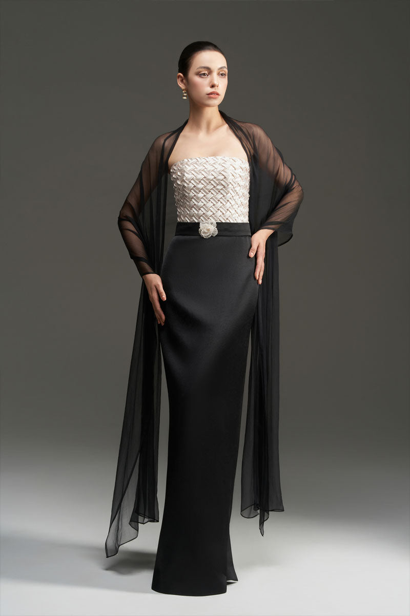 SMOCKING SILK AND SILK TAFFETA DRESS IN BLACK AND IVORY - CULT MIA