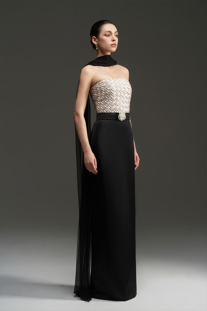 SMOCKING SILK AND SILK TAFFETA DRESS IN BLACK AND IVORY - CULT MIA